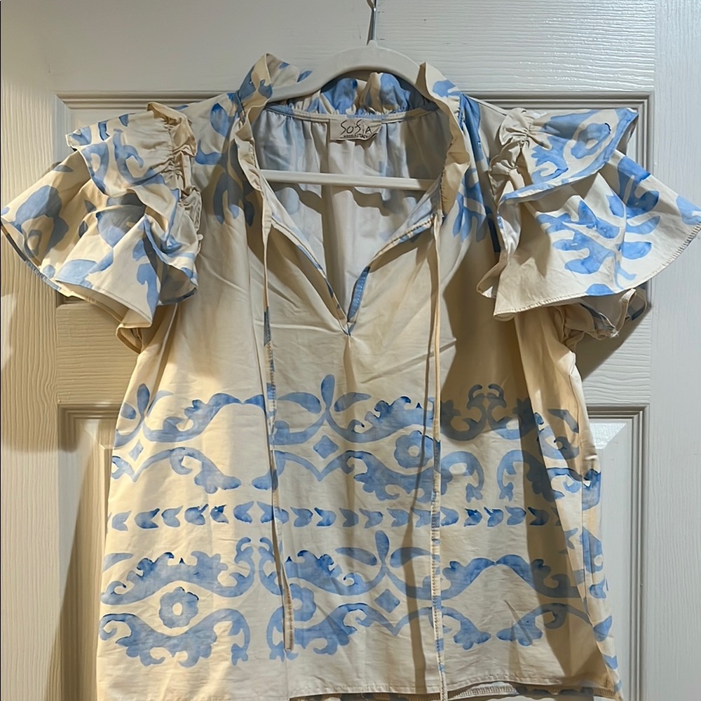White and Blue Puff Sleeve Ruffled Blouse